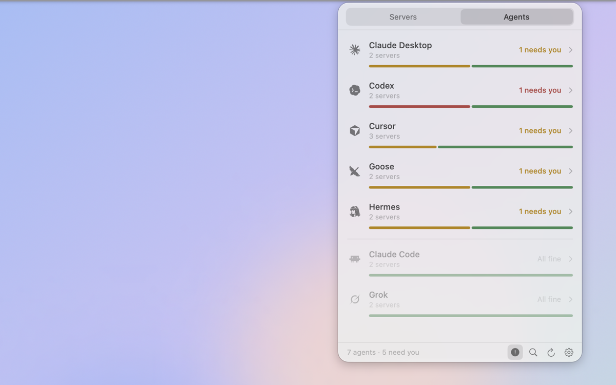 mcpock's Agents tab: one row per agent with a small health bar and how many of its servers need you; agents with nothing wrong are listed below, faded.