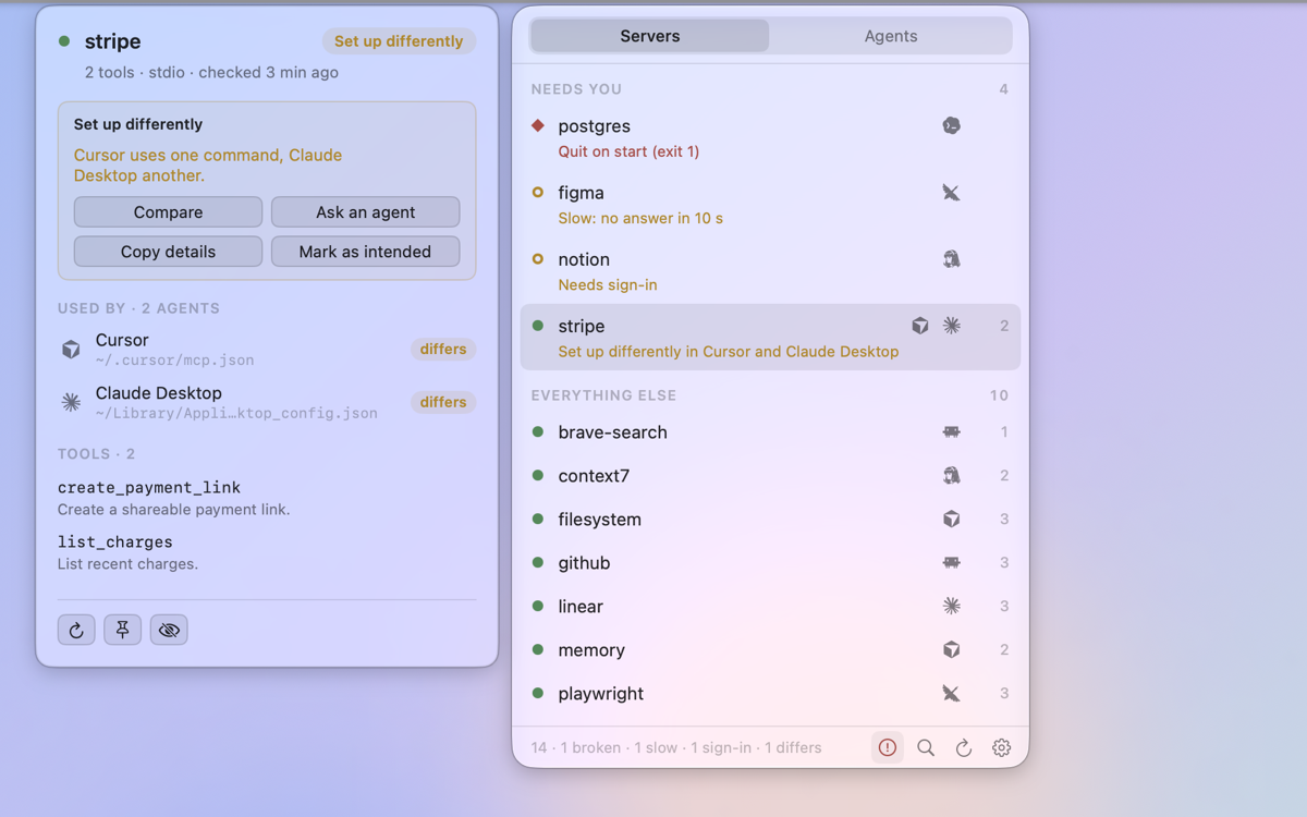 mcpock in the Glass theme on macOS 27: the panel and a server's card are see-through Liquid Glass over a soft pastel desktop. The card shows a server set up differently in two agents, with Compare and Mark as intended.